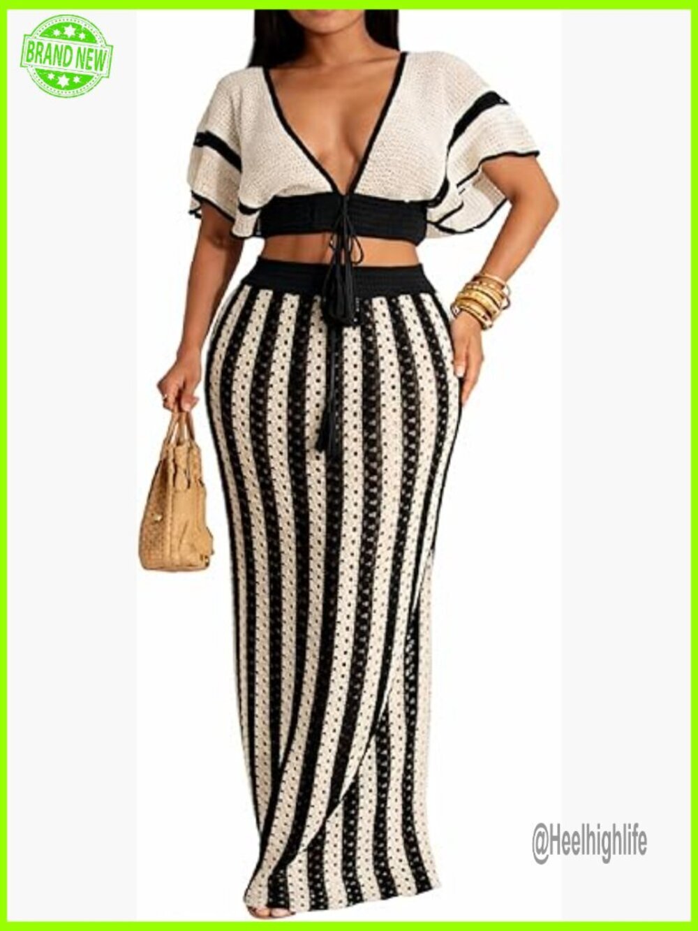 Crochet Skirt Set with V-Neck Top and Maxi Skirt, Size Small